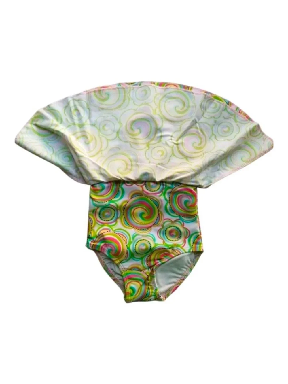 Baby Girls Swirl Patterned One-Piece Swimsuit With Bow Accent & Skirt Overlay